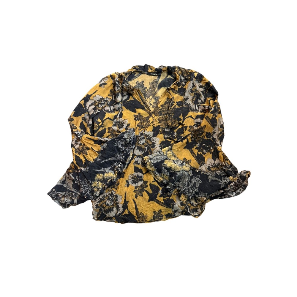 Kobi Halperin Adelle Silk Floral Blouse Yellow Black Studded Ruffle Cuff Top XS